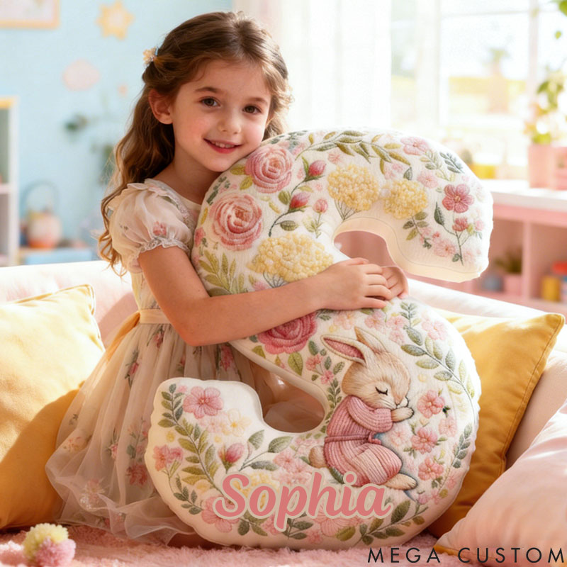 Personalized Girl friend Pink Floral Rabbit Graphic 3D Printed Pillow Custom Flower Girl Name Cushion Valentine's Day Gift Christmas Gift for Her