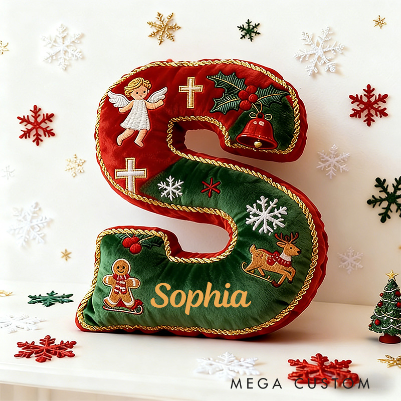 Personalized Christmas Letter Pillow with Custom Name Christmas Tree Angel Cross Bell Reindeer Festive Home Decor Graphic 3D Print Christian Gift
