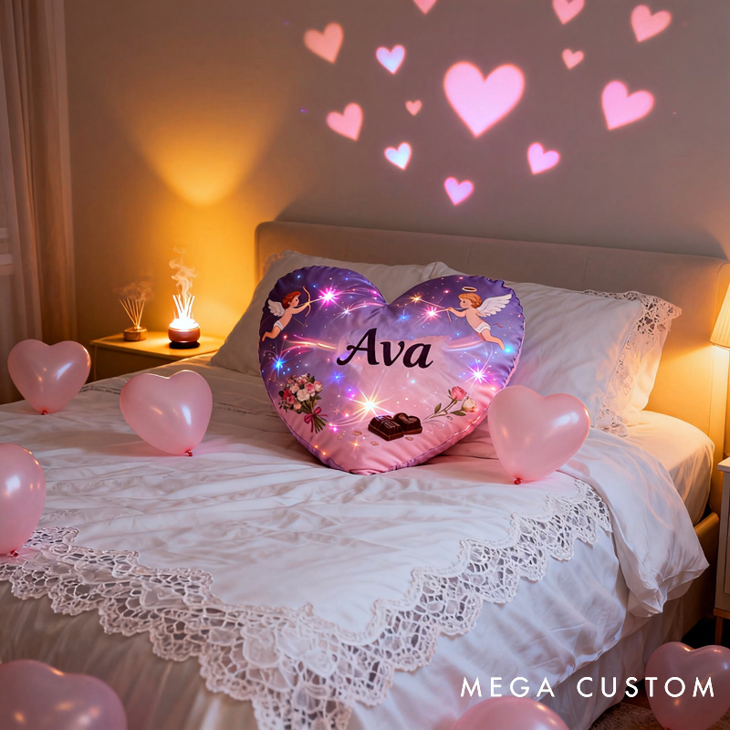 Personalized Cupid Cartoon Heart-Shaped Pillow with Name Soft Stuffed Toy for Kids and Lover Unique Decorative Cushion for Room for Valentine's Day Anniversary