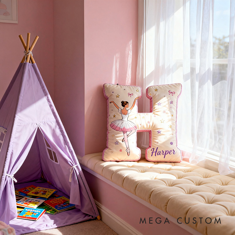 Personalized Ballet Dancers Cartoon Letter Pillow with Name Soft Stuffed Toy for Kids and Ballet Dancer Unique Decorative Cushion for Girls' Room
