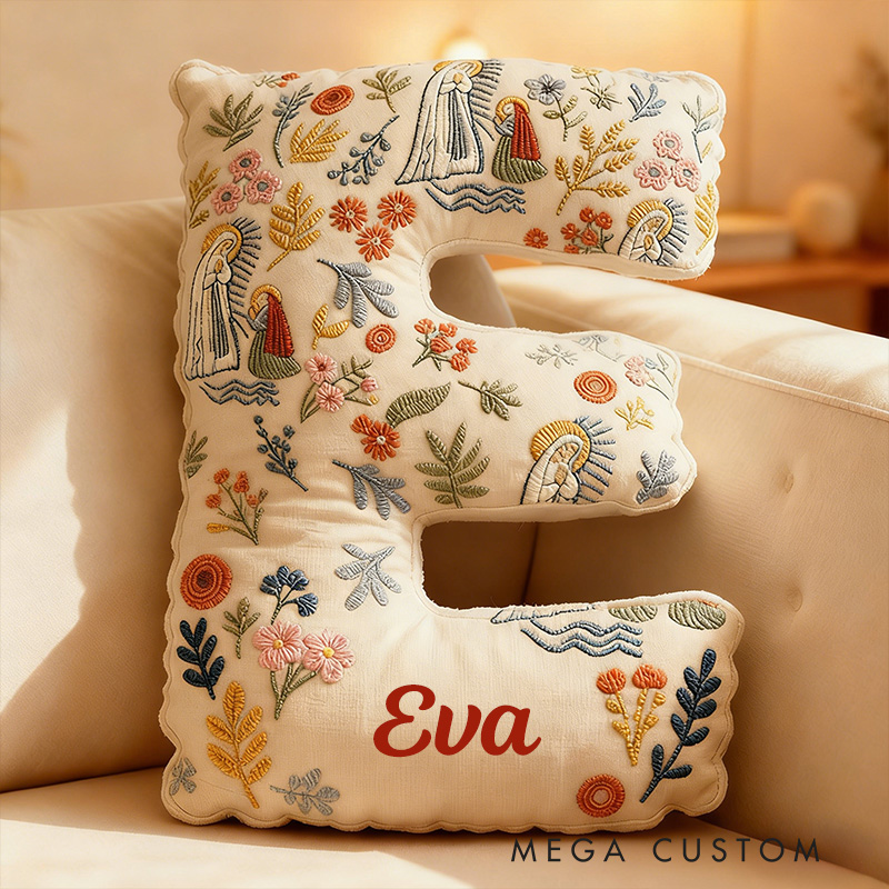 Personalized Our Lady of Lourdes Floral Graphic 3D Print Letter Pillow with Custom Name Religious Home Decor Catholic Gift for Women