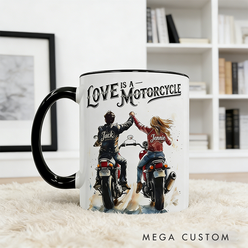 Personalized Love is a Motorcycle Mug Custom Name Biker Couple Coffee Cup Watercolor Romantic Gift for Motorcycle Lovers