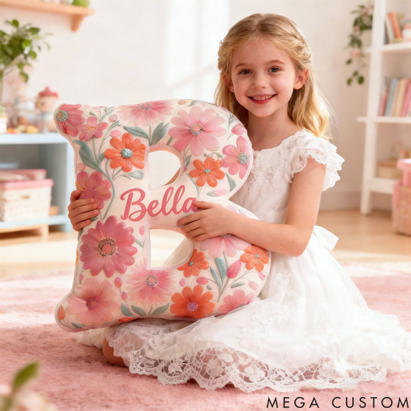 Personalized Flower Girl Pink Colorful Floral 26 Letters Pillow Custom Girl friend Graphic 3D Printed Cushion Christmas Valentine's Day Gift for Her