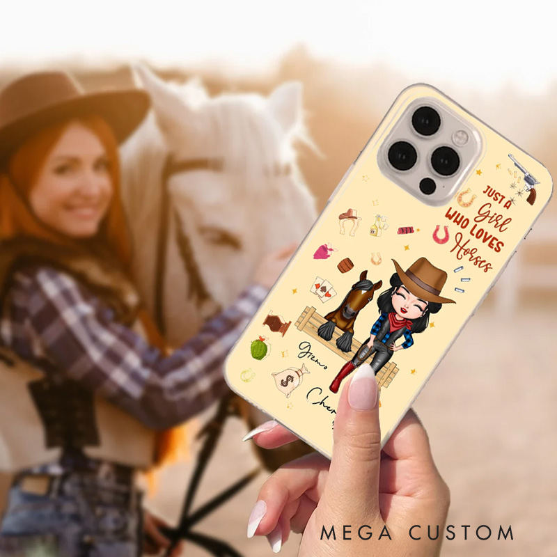 Personalized Cartoon Horse and Cowgirl Phone Case with Name Horse Racing Birthday Gift for Riding Lovers Equestrian Lovers Unique Style Phone Cases