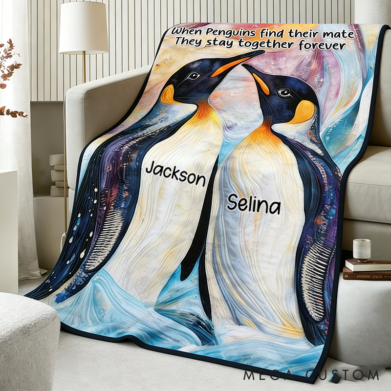 Personalized Penguin Couple Throw Blanket Custom Names Cozy Gifts for Couple for Wife Husband Valentine's Gifts for Girlfriend Boyfriend