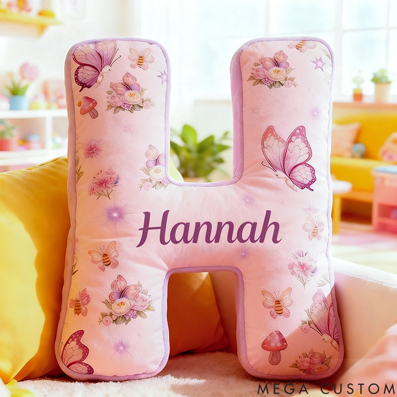 Personalized Flower Girl Purple Floral Butterfly Mushroom 26 Letters Pillow Girl friend Name Graphic 3D Printed Cushion Valentine's Day Gift for Her