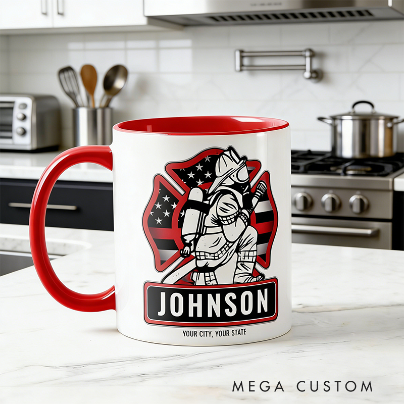 Personalized Firefighter Coffee Mug Custom Name and State Fire Dept Patriotic Flag Mug Gift for Firefighters