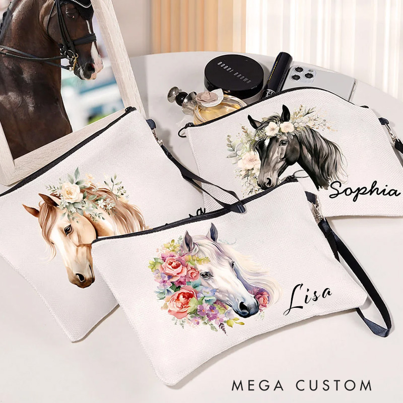 Personalized Watercolor Floral Horse Linen Wristlet Makeup Bag with Name Birthday Gift for Women Riding Lovers