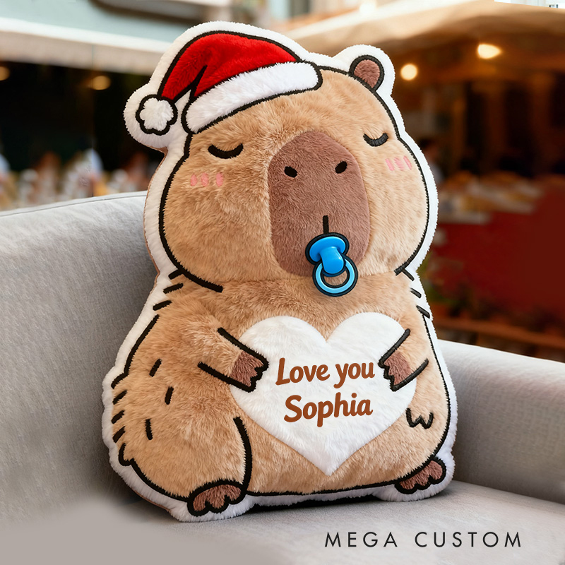 Personalized Christmas Kapibala Name Custom Kids Gift Cute Santa Hat Soft Cozy Holiday Love Decorative Graphic 3D Print Pillow