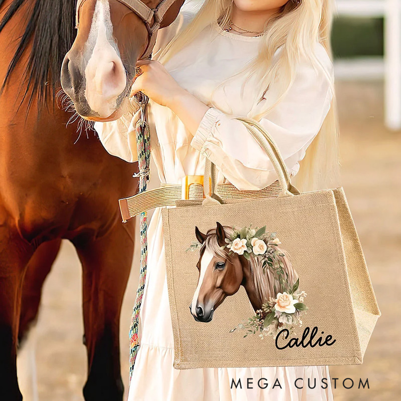 Personalized Floral Horse Reuseable Jute Tote Bag with Name Birthday Christmas Gift for Riding Lovers Equestrian Lovers