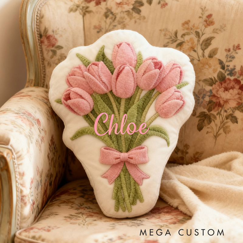 Personalized Pink Tulip Bouquet Custom Name Soft Decorative Gift Floral Spring Style Cozy Home Garden Fresh Lovely Elegant Bloom Magic Graphic 3D Print Pillow