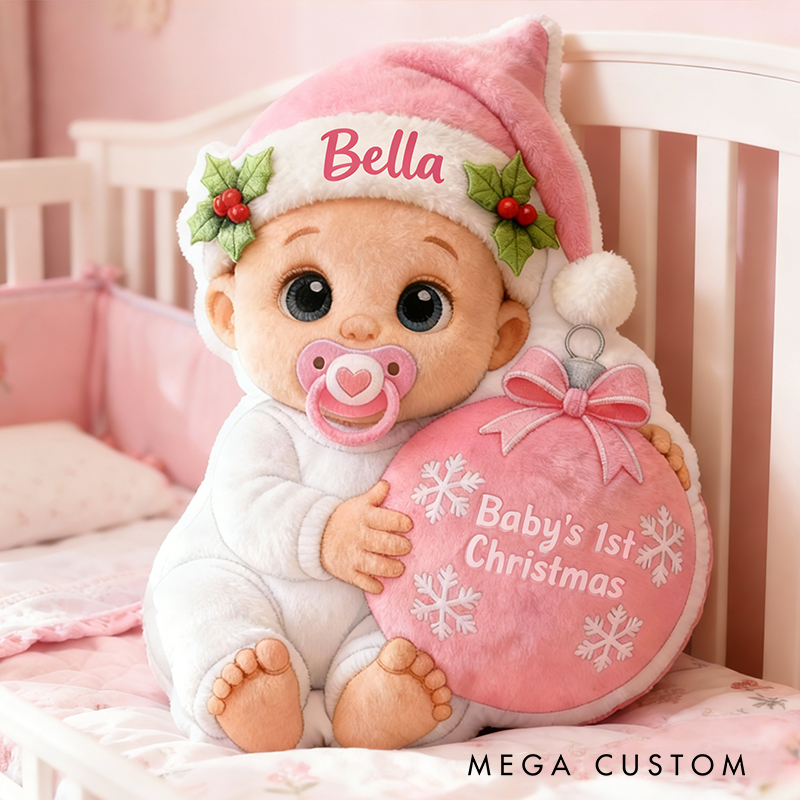 Personalized Baby Girl Baby Boy First Christmas Cushion With Pink Hat And Ornament Graphic 3D Print Pillow