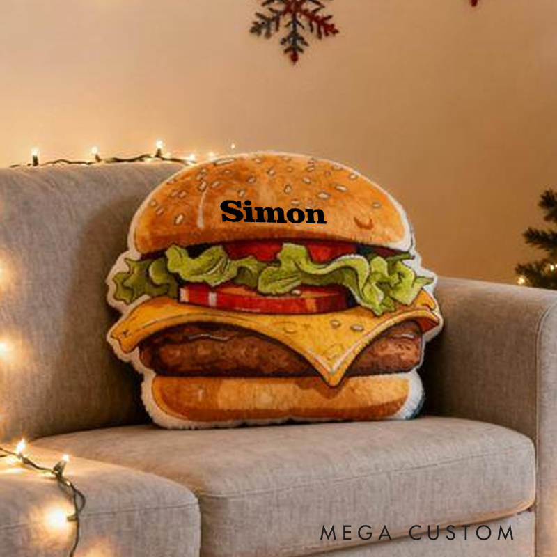 Personalized Burger French Fries Name Custom Soft Decorative Gift Tasty Fast Food Style Fun Snack Comfort Cozy Living Room Lovely Kitchen Playroom Funny Cheeseburger Graphic 3D Print Pillow