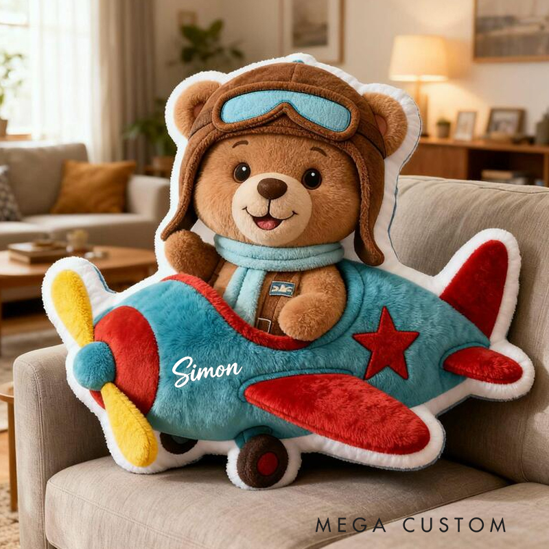 Personalized Bear Name Custom Soft Decorative Gift Adventure Style Cute Pilot Fun Cozy Playroom Lovely Boy Room Dream Graphic 3D Print Pillow