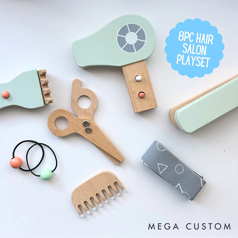 Personalized Wooden Kids Barber Role-Play Toy Set 16-Piece Pretend Salon Toy Customizable Name Gift for Babies & Toddlers
