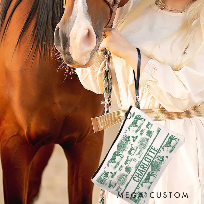 Personalized Equestrian Pattern Linen Makeup Bag with Name Birthday Gift for Women Riding Lovers