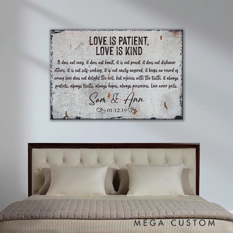 Personalized Love is Patient Love is Kind Canvas Painting with Couple Names Date Religious Gift Wedding Anniversary Gift Valentine Gift for Couple