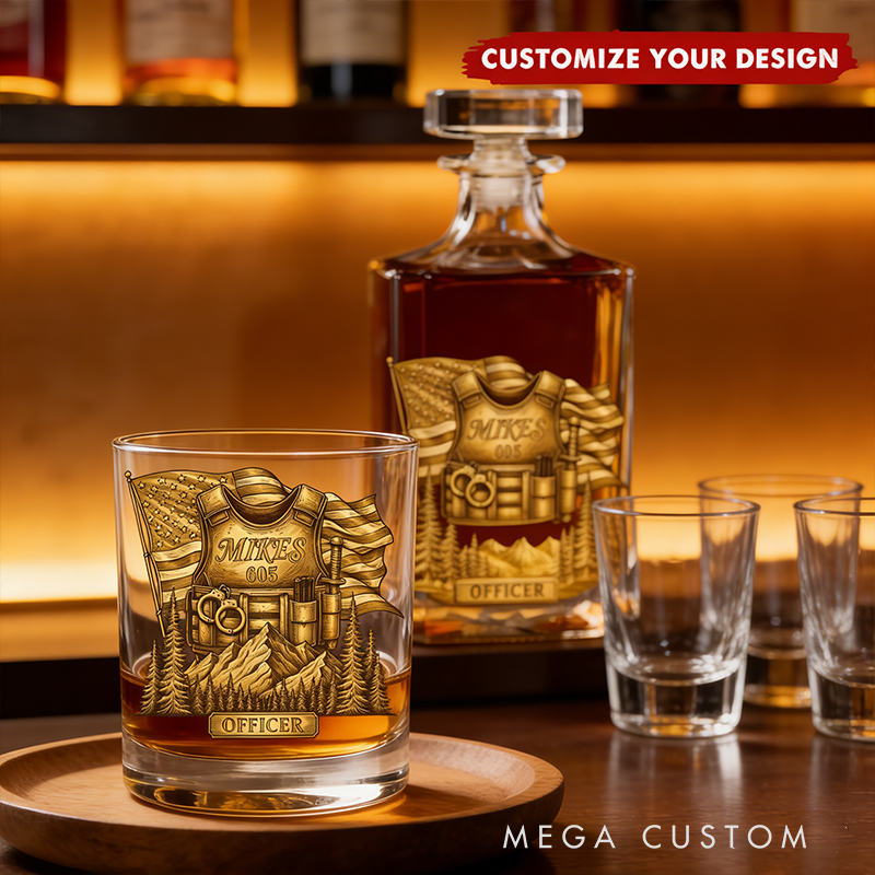 Personalized Police Officer Whiskey Glass and Decanter Set | Custom Name Badge & Gear Design Gift for Law Enforcement