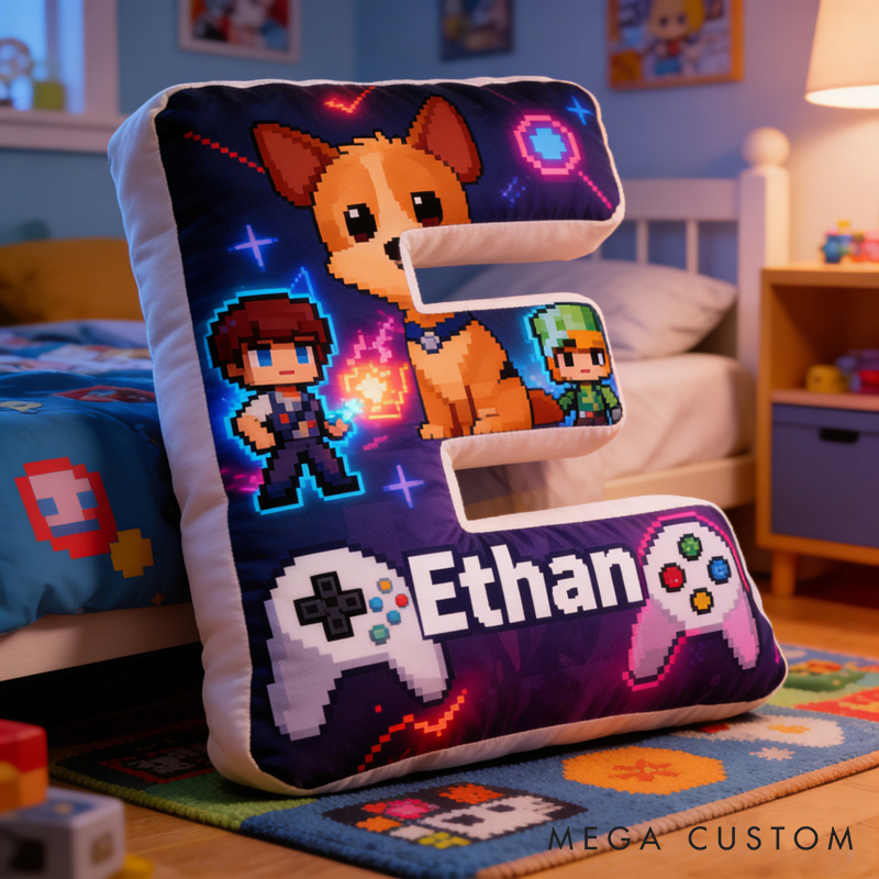 Personalized Game Controller Dog Pixel Letter Pillow with Your Name and Photo Perfect Gift for Gamers and Kids