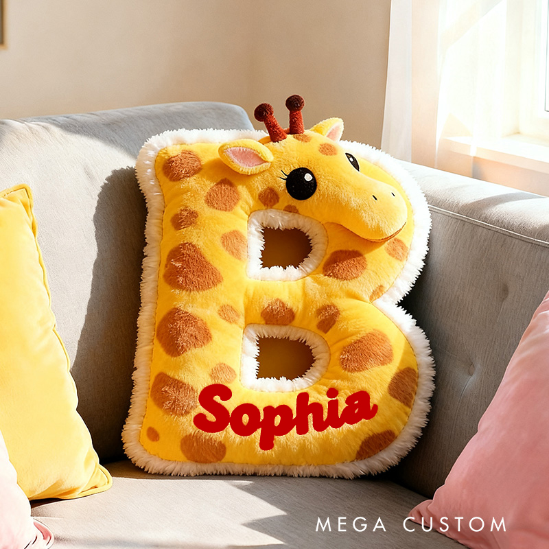 Personalized Giraffe Letter Name Custom Kids Gift Cute Animal Yellow Soft Cozy Decorative Graphic 3D Print Pillows