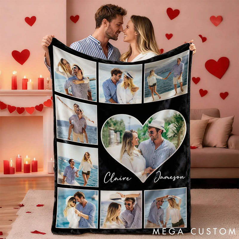 Personalized Heart Couple Photos Soft Throw Blanket Valentine's Day Anniversary Gift for Couple Custom Photo Collage Blanket for Couple