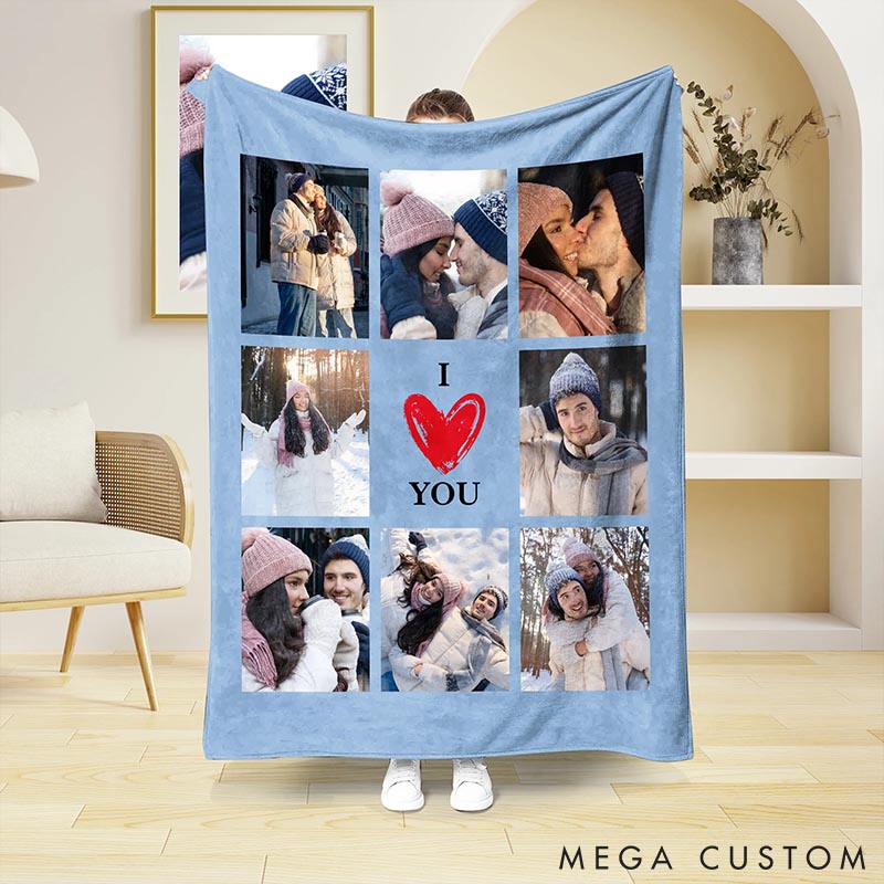 Personalized I Love You Photos Collage Soft Throw Blanket Custom Home Decor Blanket for Couples Valentine's Day Anniversary Gift Blanket