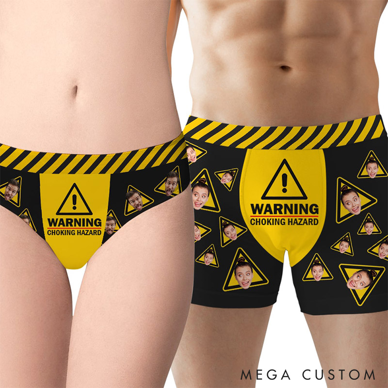 Personalized Couple Face Matching Boxer Brief Men Women Warning Choking Hazard Underwear with Couple Face Photo Valentines Day Gift for Him Her