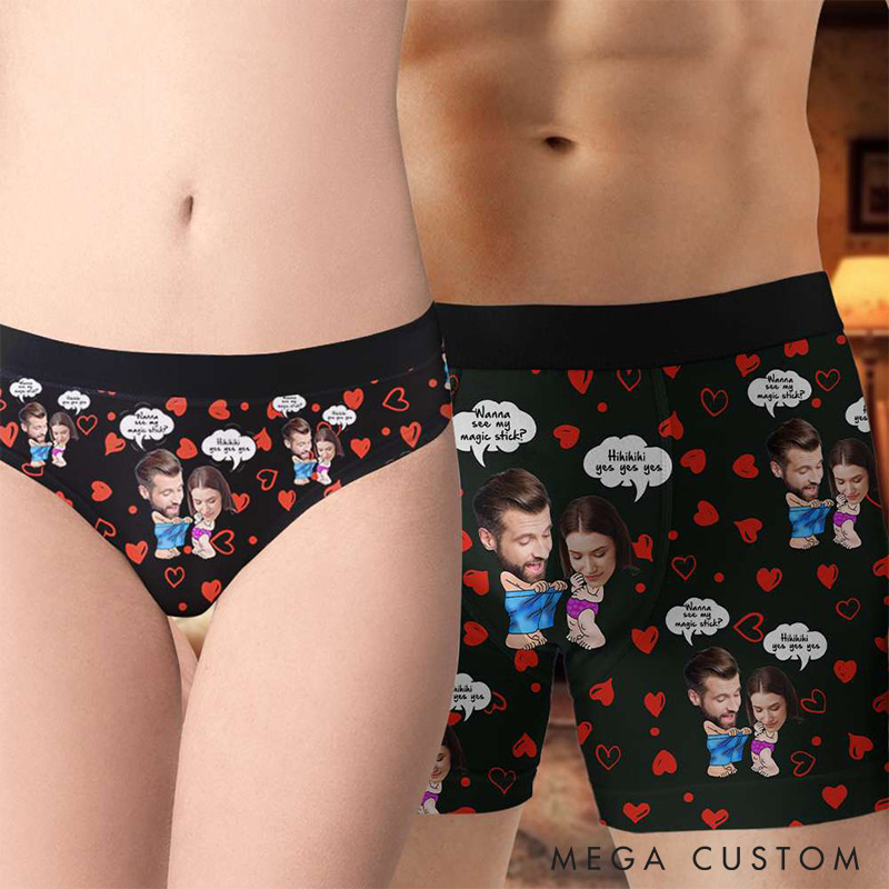 Personalized Couple Face Matching Boxer Brief Men Women Wanna See My Magic Stick Underwear with Couple Face Photo Valentines Day Gift for Him Her