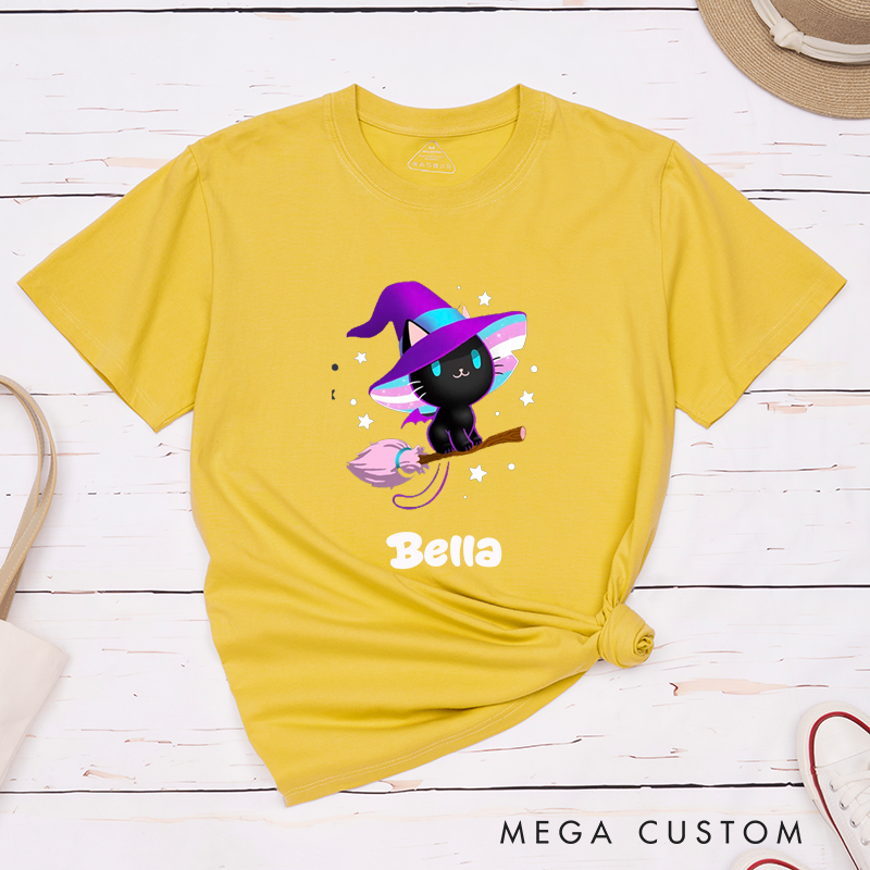Personalized Cute Black Cat Witch Hat Classic T-Shirt Custom Name Gift for Cat Lovers Halloween Magic Cat Broom Unisex Tee 