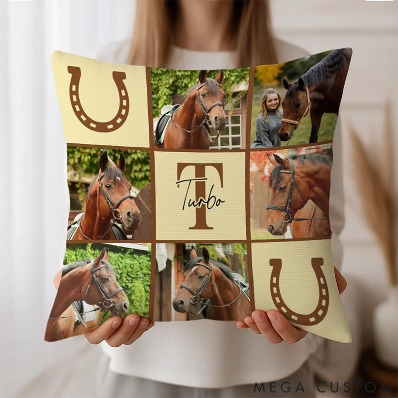 Personalized Pet Lover ine-Square Grid Photo Collages Horseshoe Throw Pillows