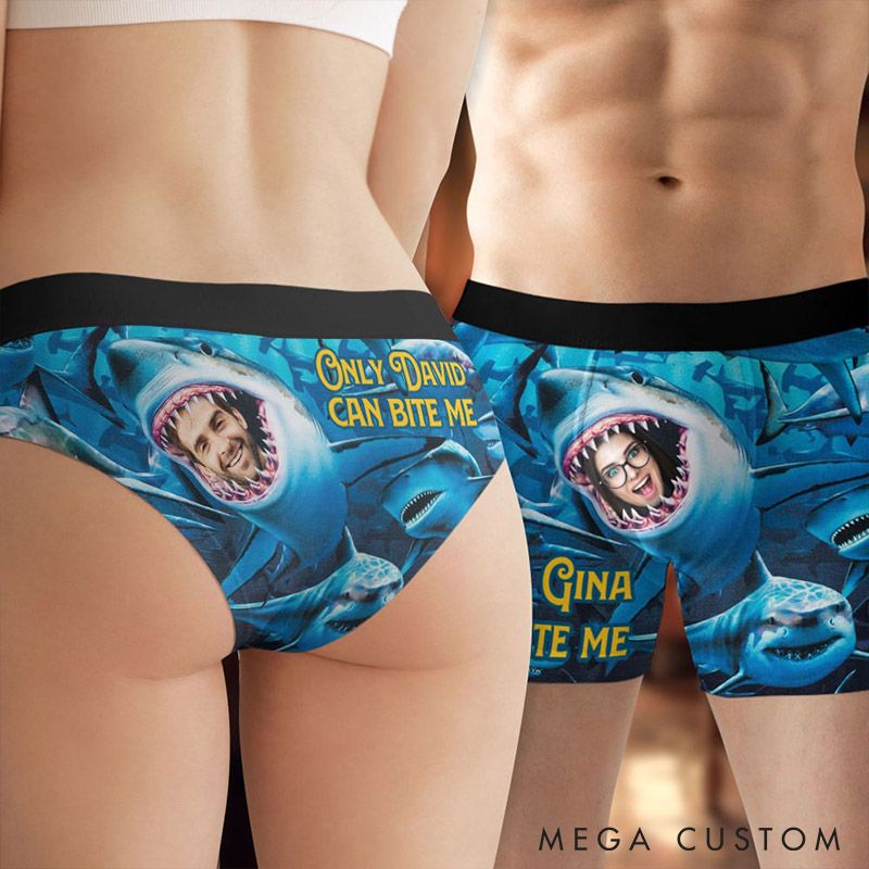 Personalized Couple Face Matching Boxer Brief Men Women Shark Only Him Her Can Bite Me Underwear with Couple Face Photo Valentines Day Gift