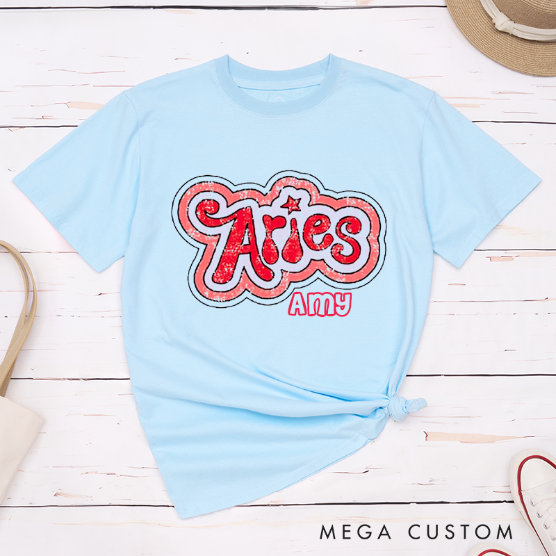 Personalized Aries Zodiac Classic T-Shirt Birthday Customized Gift Unisex Birth Sign Tee Unique Horoscope Shirt for Astrology Lovers Friend