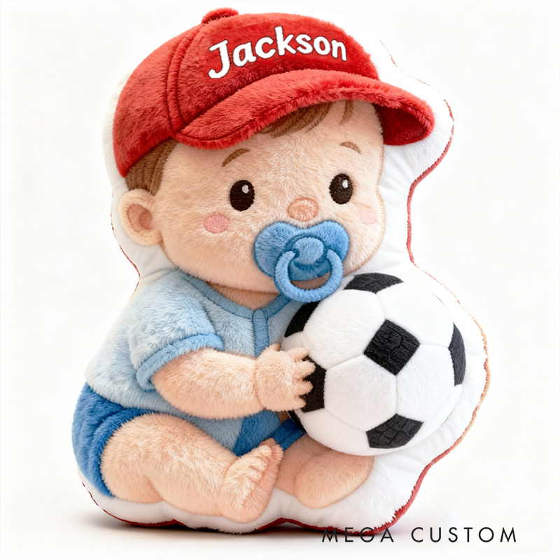 Personalized Baby Boy Name Custom Kids Gift Cute Red Hat Balls Blue Outfit Soft Playful Decorative Graphic 3D Print Pillow