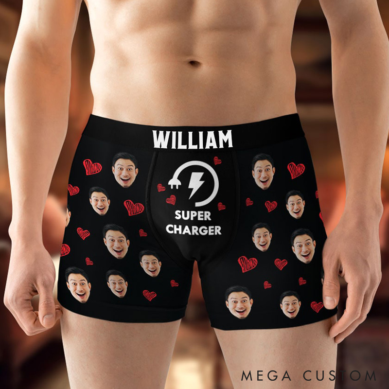 Personalized Couple Face Matching Boxer Brief Men Women Please Charge and Super Charger Underwear with Couple Face Photo Valentines Day Gift