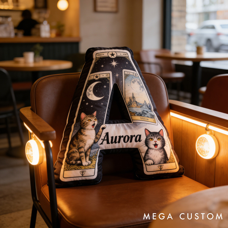 Personalized Magic Cat Tarot Letter Pillow Decorated with Name for Kids Magic Lovers and Pet Lovers