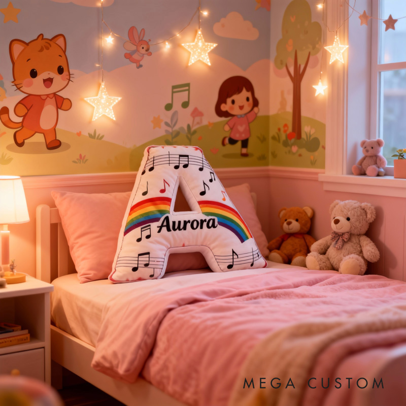 Personalized Rainbow Musical Note Letter Pillow with Name Soft Stuffed Toy for Kids Music Lovers Unique Decorative Cushion for Girls' Room