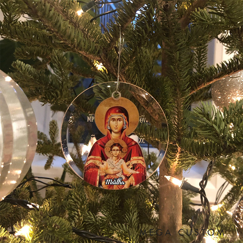Personalized Virgin Mary Glass Ornament with Custom Name Theotokos Glass Decor Orthodox Nativity Ornament Religious Christian Gift