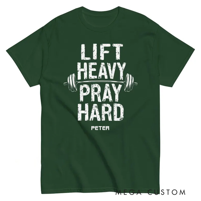 Personalized Lift Heavy Pray Hard T-Shirt Jesus And Gym Lover Shirt Bodybuilder Christian Dad Gift Weightlifter Christian Gym Shirt for Fitness Enthusiasts Bodybuilders and Gym Lovers