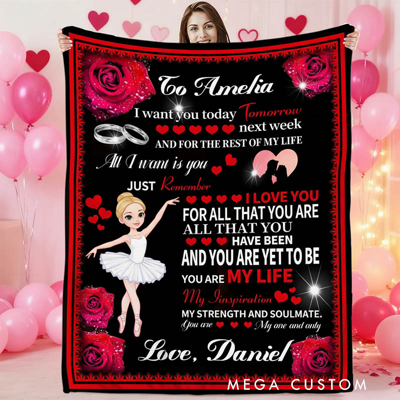 Personalized Rose Heart Cartoon Character Soft Throw Blanket with Name and Photo Valentine's Day Anniversary Gift Gift for Ballet Dancer Family Lover Friends