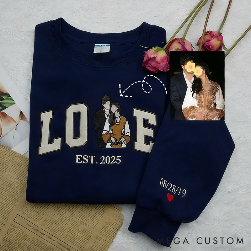 Personalized Couple Embroidered Photo Portrait Matching Sweatshirt Custom Couple Hoodie with Text Anniversary Gift Valentine's Day Gift for Him Her