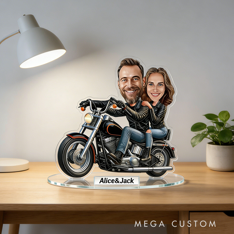 Personalized Motorcycle Couple Acrylic Figurine Custom Cartoon Portrait Biker Gift Photo to Caricature Bike Lovers Desk Decor