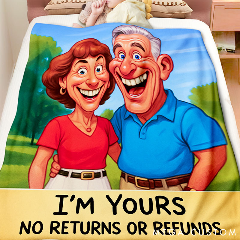 Personalized Cartoon Couple Blanket I’m Yours No Returns or Refunds Custom Exaggerated Comic Style Portrait Blankets for Couple