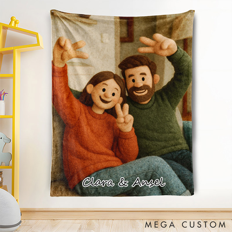 Personalized 3d Effect Wool Felt Style Blanket With Photo and Name Custom Cartoon Blanket for Couple Valentine's Gift or Couples