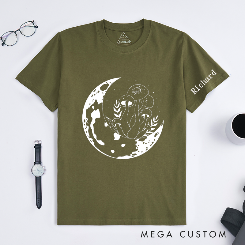 Personalized Moon and Mushroom Classic T-Shirt Custom Cosmic Nature Art Unisex Gift Unique Space Planet Print Tee