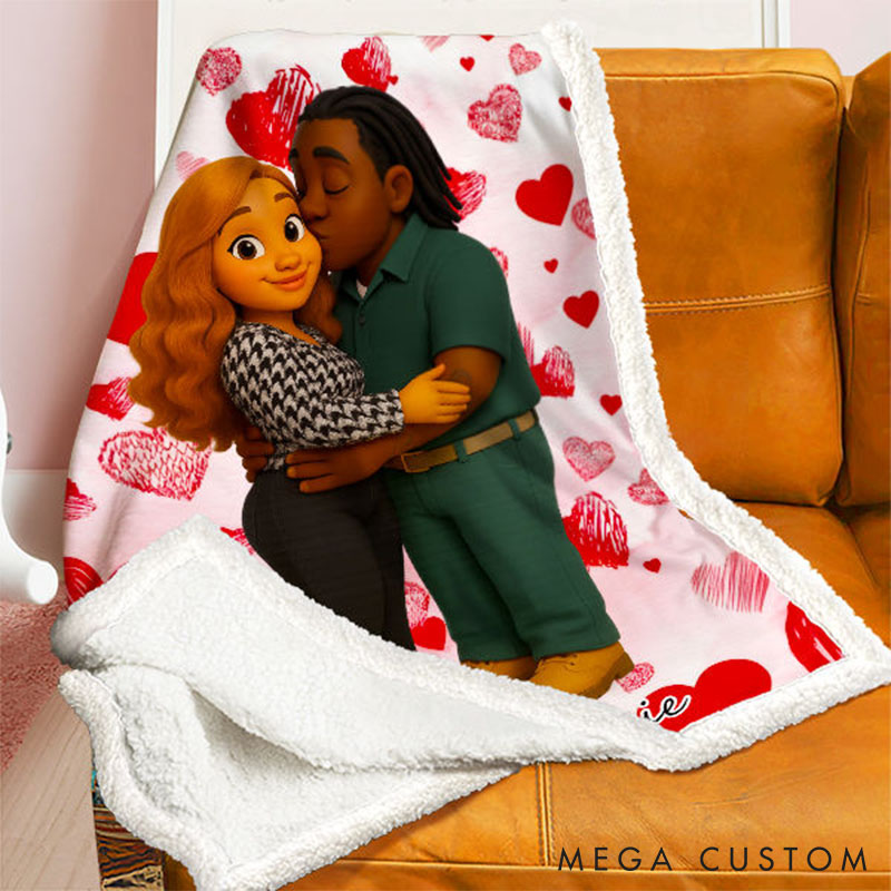 Personalized Couple Heart Blanket Custom Throw Blanket with Couple Face and Name Valentine's Day Gift for Couple