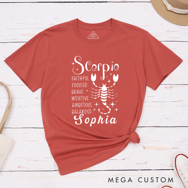 Personalized Scorpio Zodiac T-Shirt Custom Name Birthday Gift for Sophia Faithful Focused Brave Intuitive Ambitious Balanced Classic Astrology Tee 