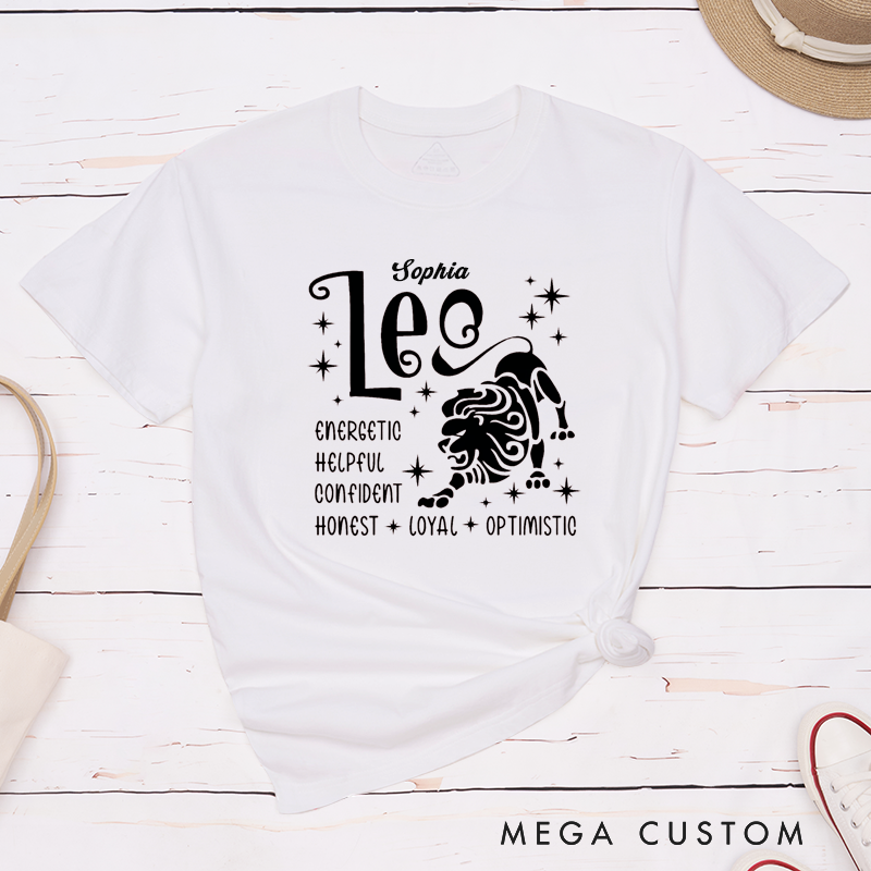 Personalized Leo Zodiac Classic T-Shirts Custom Name Energetic Confident Honest Loyal Optimistic Gift for Men and Women Birthday Astrology Lovers