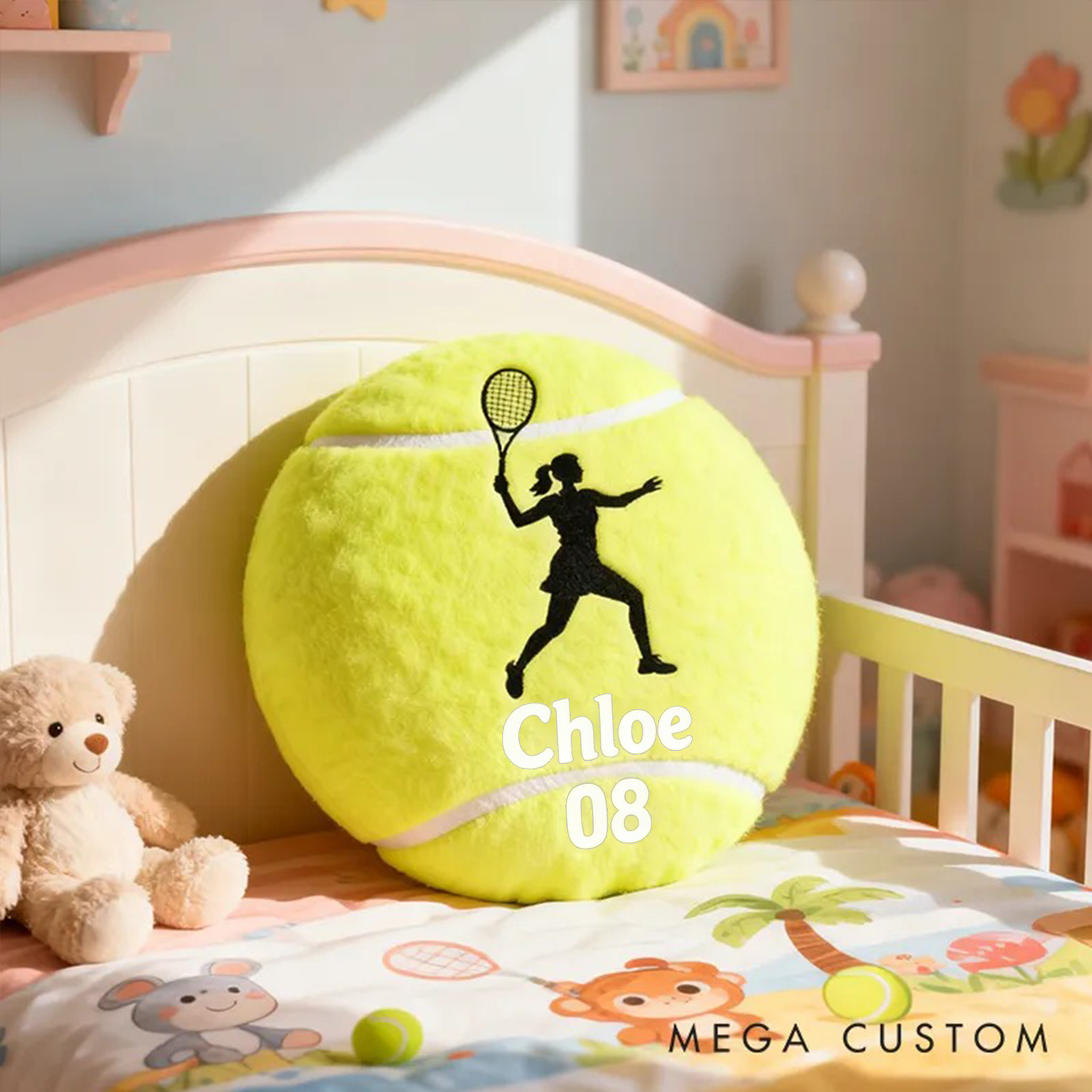 Personalized Tennis Ball Pillow with Player Graphic and Custom Details for Sports Fans