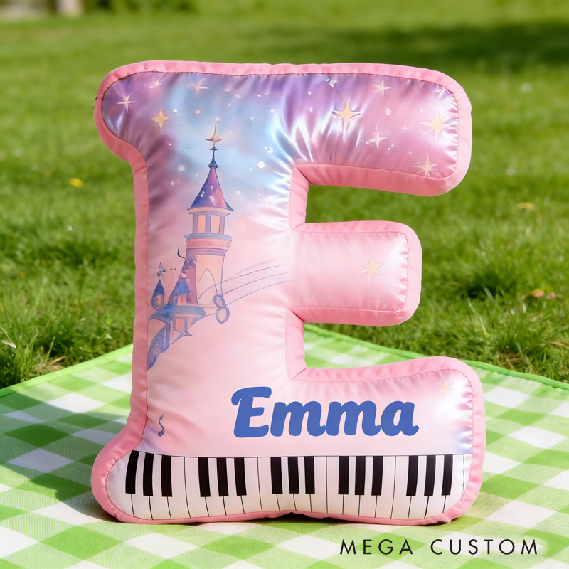 Personalized Castle Piano Letter Pillow with Name Soft Stuffed Toy for Kids Music Lovers Unique Decorative Cushion for Girls' Room