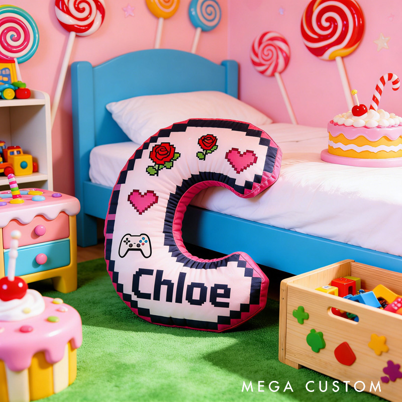 Personalized Heart Game Controller Pixels Letter Pillow with Name Perfect Gift for Gamers and Kids for Valentine's Day Anniversary birthday